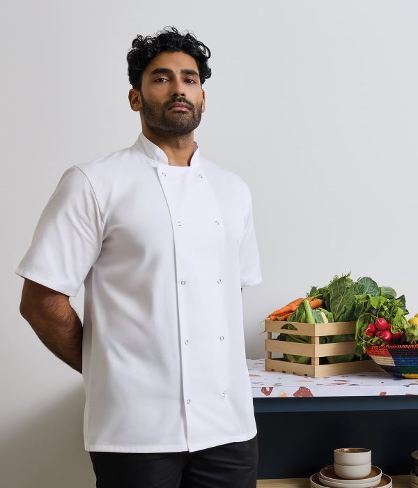 Studded front short sleeve chef’s jacket